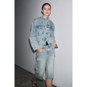 ZARA ZW Collection Crossover Denim Jacket Faded Blue Size S | NWT